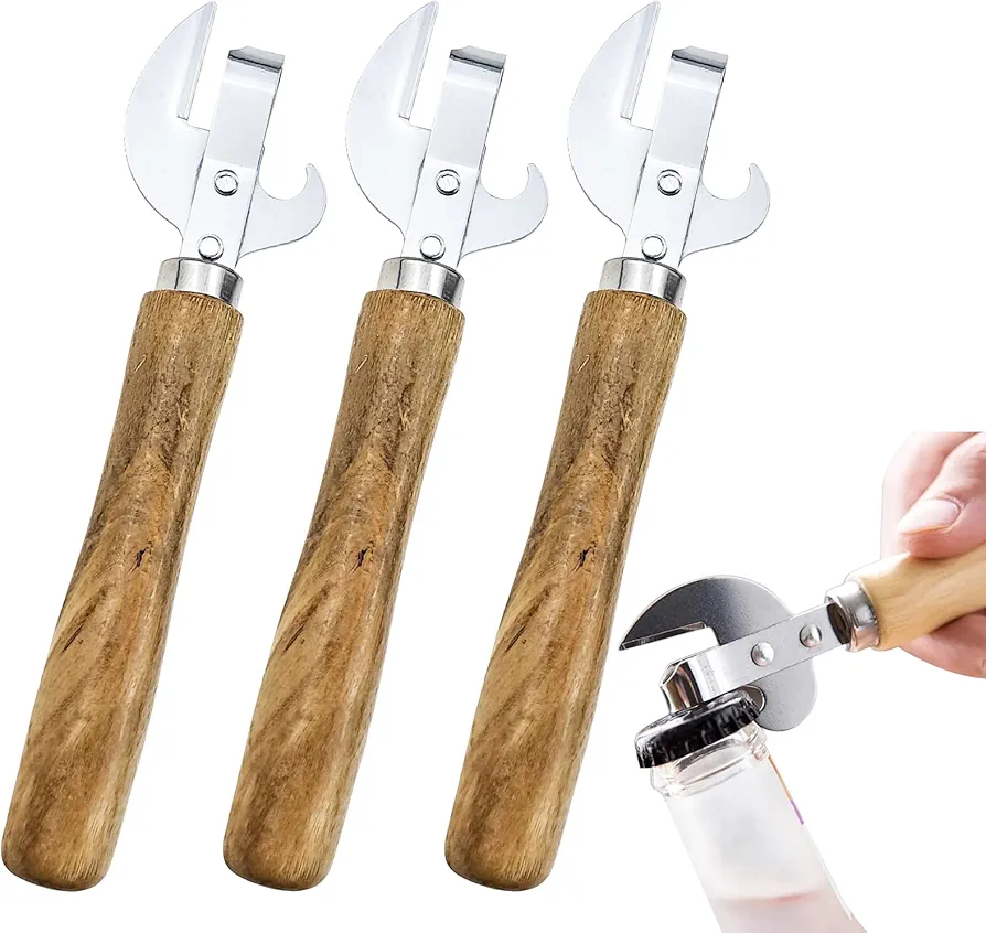 3 PACK Stainless Steel Kitchen Utensil Multifunctional Lid Remov with Wood Handle Bottle Punch Can Opener for Camping and Traveling
