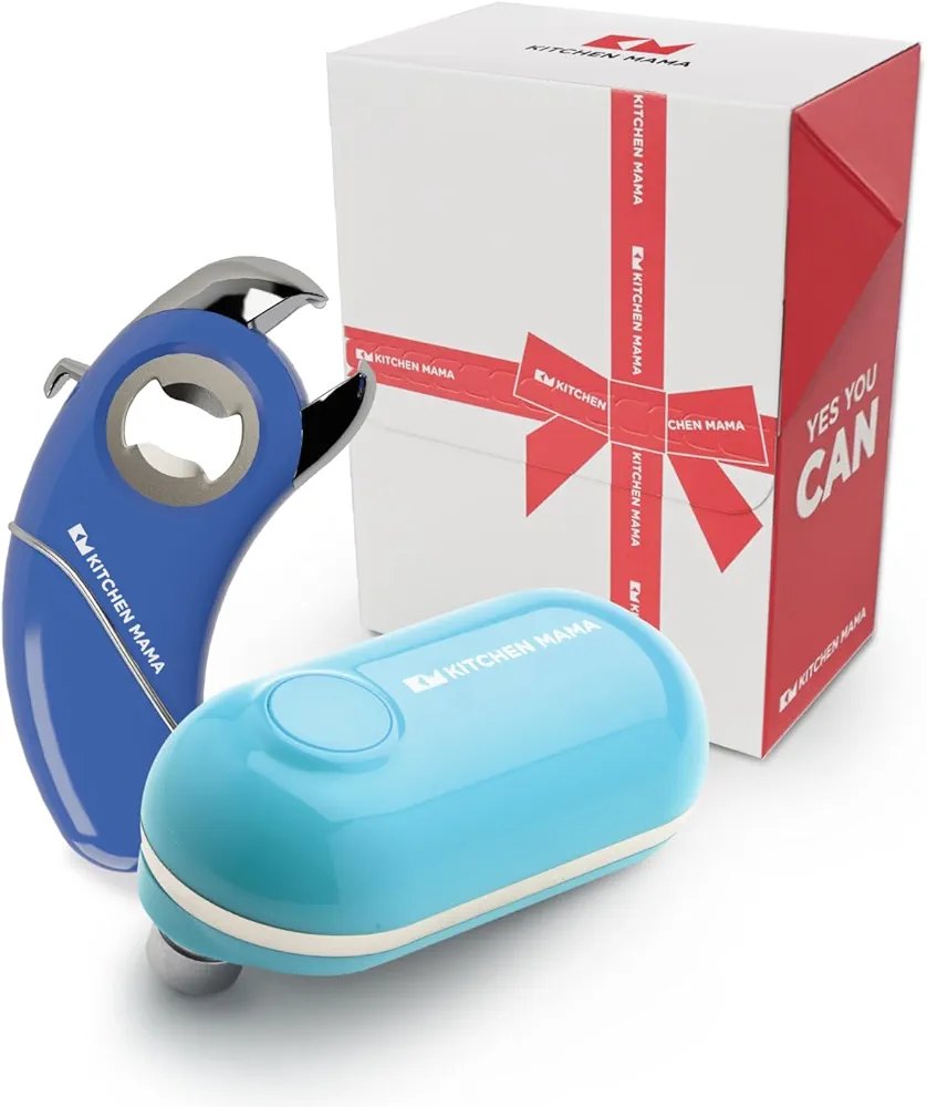 Kitchen Mama Gift Set Electric Can Opener & Beer Bottle Opener, Gift Ideas for Women, Tech Gifts for Women, Automatic Can Opener Hands Free (Mini), Smooth Edge, 6 in 1 Opener (Epic One)(Blue)