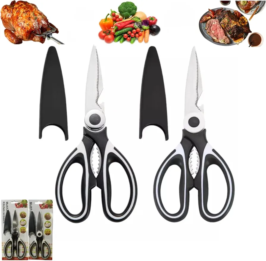 Premium Stainless Steel Kitchen Shears with Protective Sheath, Heavy-Duty All-Purpose Kitchen Scissors for Cutting Food, Chicken, Fish, Meat, Vegetables, and Bones, Dishwasher Safe, 2-Pack