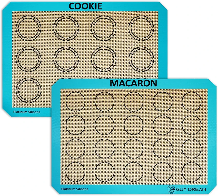 GUYDREMAT 2PCs Half Sheet Silicone Baking Mat Set for Cookie and Macaron - Reusable Premium Food Grade Silicone Macaron Sheets - Heat Resistant Silicone Oven Baking Mat with Measurements for Cookies