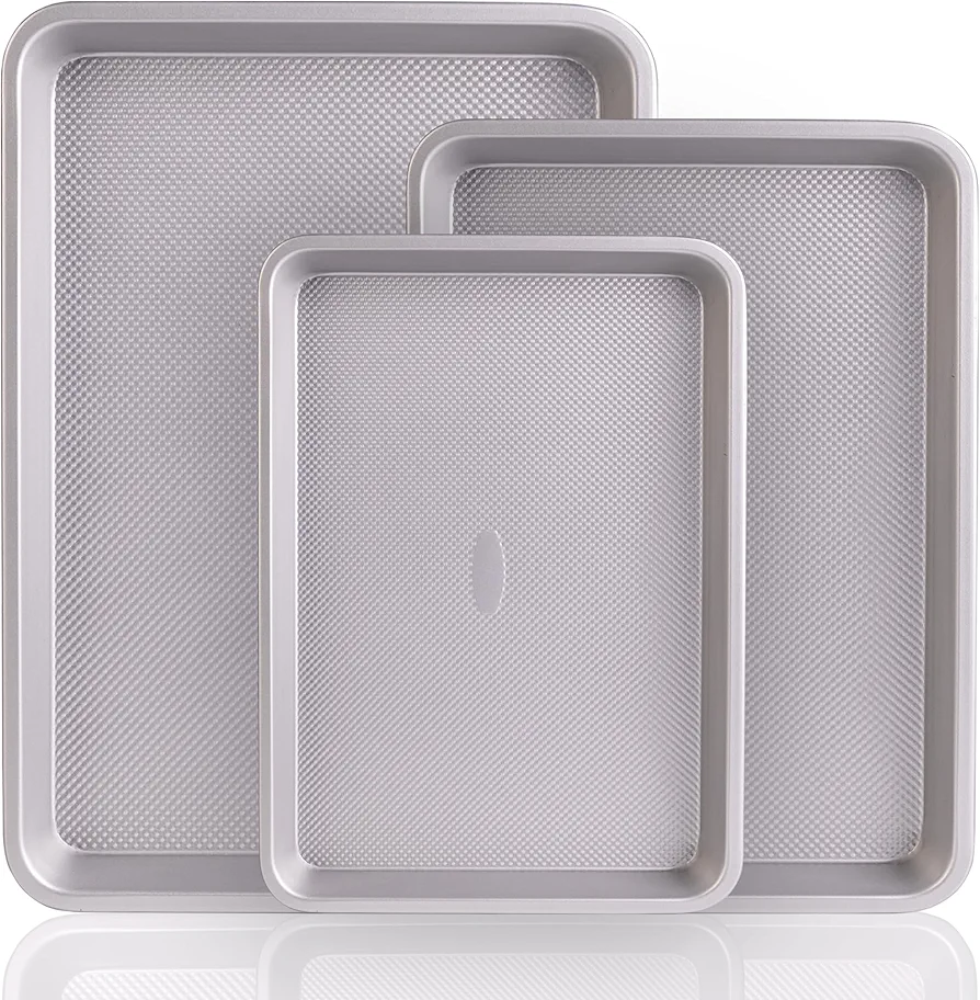 Baking Sheet Pan Set, Heavy Duty Nonstick Cookie Sheets for Baking, Easy to Clean Oven Trays with Square Texture - Half, Quarter, and Jelly Roll Sizes (Silver)