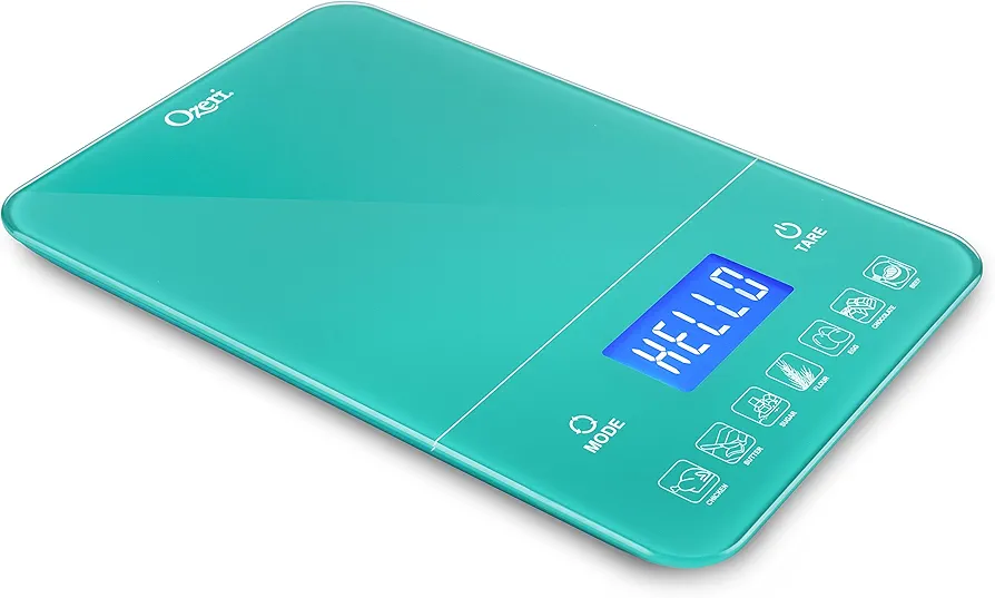 Ozeri Touch III 22 lb (10 kg) Digital Kitchen Scale with Calorie Counter in Tempered Glass, Teal Blue