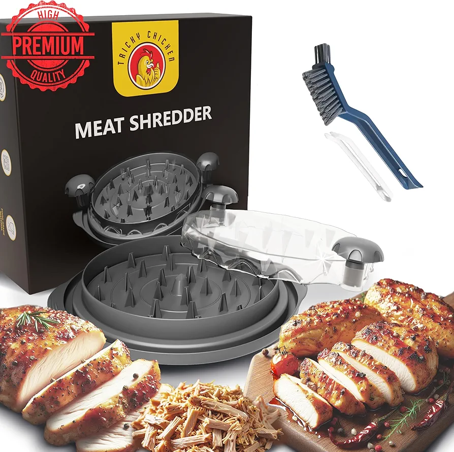 Easy Chicken Shredder Tool with Twist Action - BPA-Free, Large 11", Non-Slip, Dishwasher Safe, Clear Top, Cleaning Brush, Fossil Grey with Manual. For Meat, Beef, Pork from Tricky Chicken