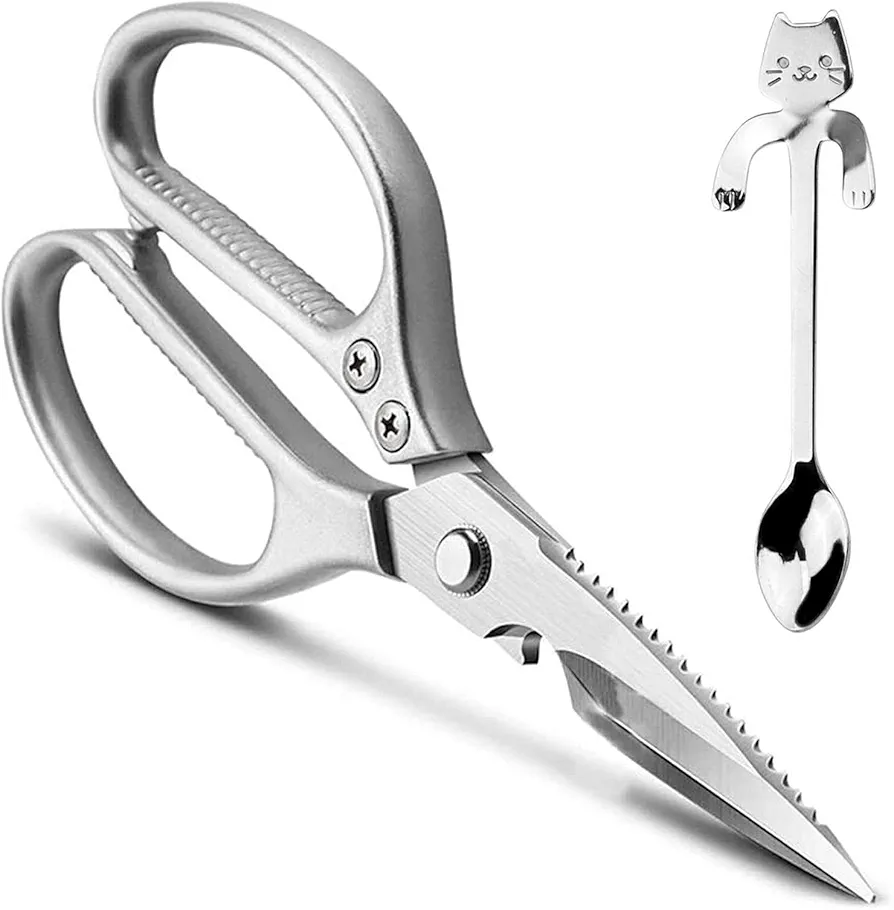 LONJYI Multi Function Kitchen Scissors, Heavy Duty Stainless Steel Shears with Ultra Sharp Blades, Left Right Handed Scissors Use for Chicken, Meat, Seafood, Vegetables, BBQ, Bottle Opener, Silver