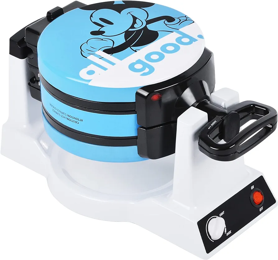 Disney Mickey & Minnie Double Flip Waffle Maker by Select Brands - Disney Waffle Maker - Features Non-Stick Plates - Blue Minnie & Mickey Mouse Waffle Iron for Disney Fans - Makes 6 Waffles