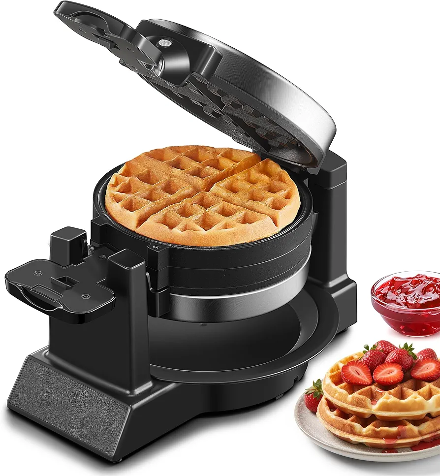 Classic Waffle Iron, Double Belgian Waffle Maker 180°Flip, 1400W Waffle Iron 8 Slices, Rotating & Nonstick Plates with Removable Drip Tray, Cool Touch Handles, Stainless Steel (8 Slices)