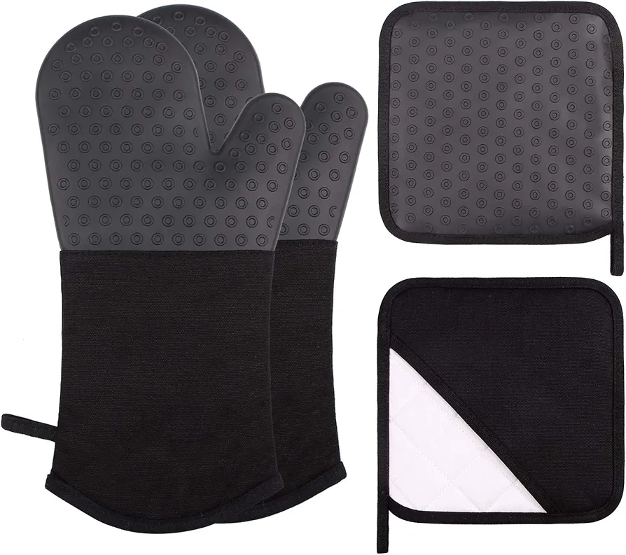 Webake Oven Mitts and Pot Holders Set of 4, 2 pcs Long Silicone Baking Oven Gloves and 2 pcs Silicone Hot Pads with Pocket for Oven Baking