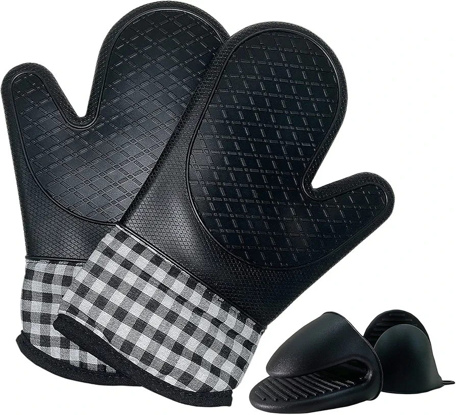 4pcs Set Oven Gloves and Pot Holder Set, Heat-Resistant 500 Degree, with Mini Oven Gloves and Insulation Clips, Non-Slip Food-Grade Long Oven Gloves, for Kitchen Baking