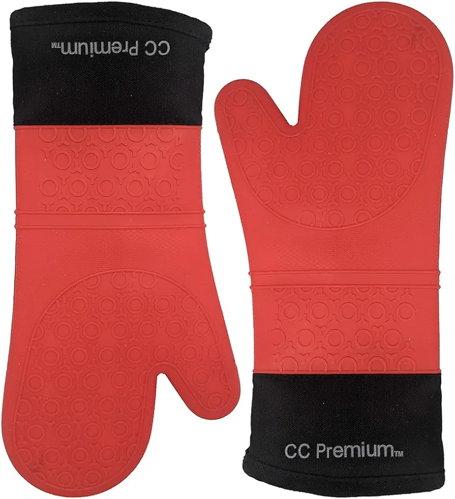 Oven Mitts Heat Resistant Silicone, Kitchen Gloves & Pot Holders, Cotton Lining, Non-Slip, Flexible, Durable, Easy Clean, Cooking, Baking, Grilling, Double Sided, Extra Long (Pair: 2 Oven Mitts) Red
