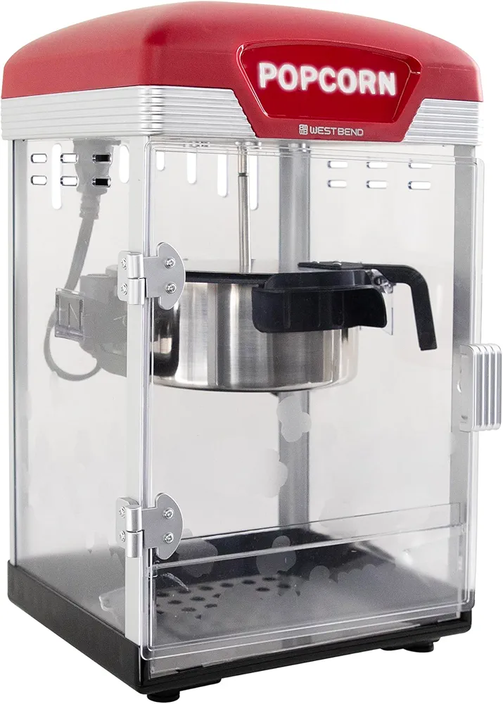 West Bend Stir Crazy Movie Theater Popcorn Popper, Gourmet Popcorn Maker Machine with Nonstick Popcorn Kettle and Popcorn Scoop for Popcorn Machine, 4 Qt., Red