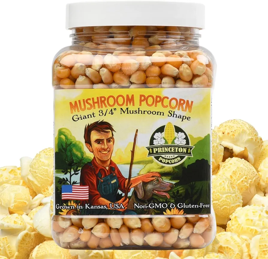 Mushroom Popcorn Kernels by Princeton Popcorn - Farmer Direct, Non-GMO, Gluten Free, UnPopped, Ball Shaped, Old Fashion Popcorn Pops Extra Large popcorn kernels, mushroom popcorn kernels for popping for Air Popper & Stovetop 16oz