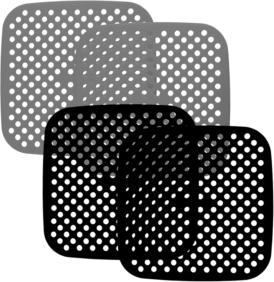 Air Fryer Liners, Square 8.5" Reusable Air Fryer Silicone Liners 4 Pack, Easy Clean Air Fryer Accessories, Non Stick Airfryer Accessory Parchment Replacement, Silicon Basket Liners Black&Grey