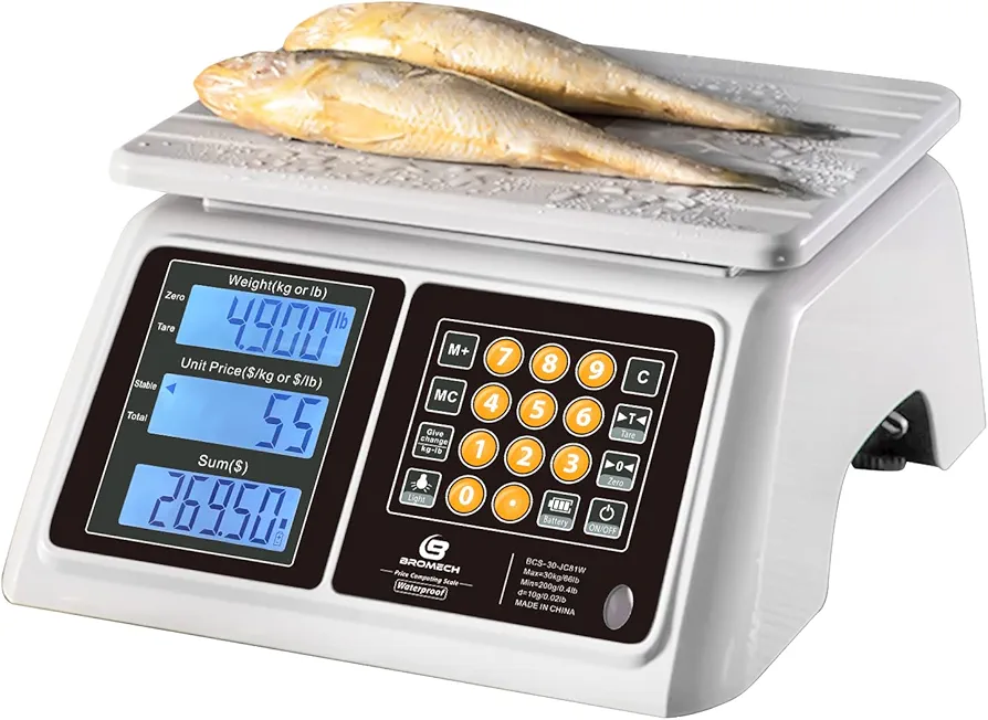 Food Scale, Price Computing Scale, IPX7 Waterproof, 66lbs Capacity, White Backlight LCD, Rechargeable Commercial Meat Produce Weight Scale for Farmers Market and Seafood
