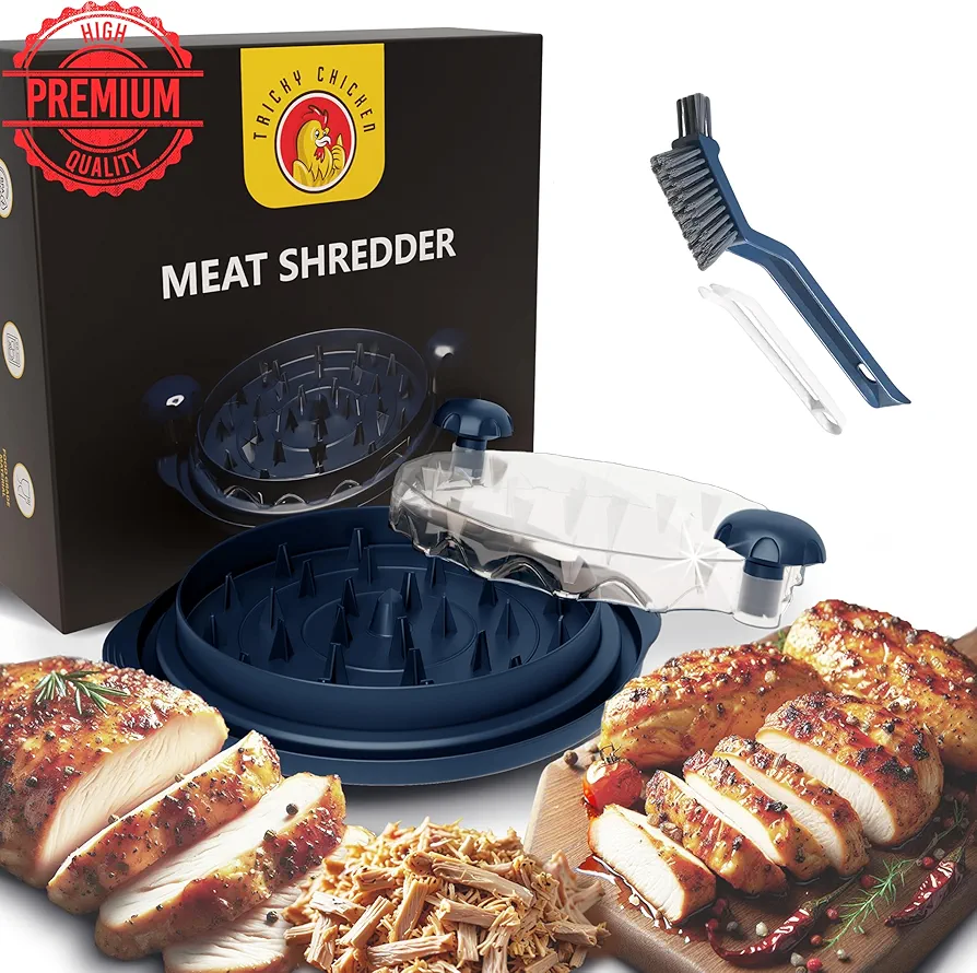 Easy Chicken Shredder Tool with Twist Action - Large 11", Non-Slip, Dishwasher Safe, Clear Top, Cleaning Brush, Pacific Blue with Manual. For Meat, Beef, Pork from Tricky Chicken
