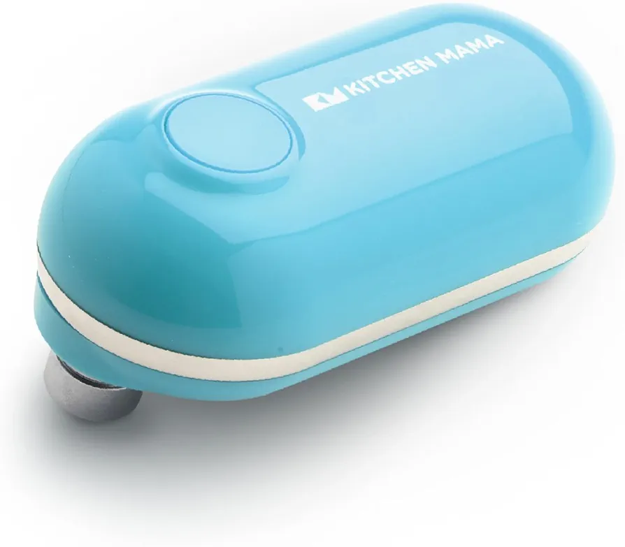 Kitchen Mama Mini Electric Can Opener Smooth Edge: Open Cans with A Simple Press of Button - Ultra-Compact, Space Saver, Portable, Hands Free, Food-Safe, Battery Operated (Blue)