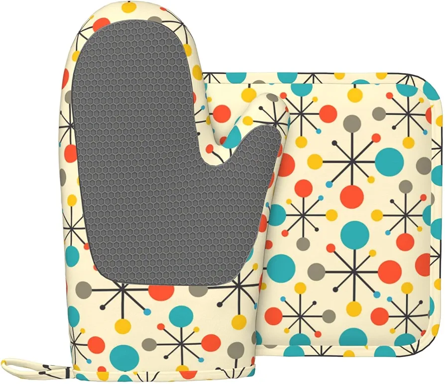 Mid Century Fifties Modern Atomic Retro Oven Mitts and Pot Holders Set of 2 Silicone Heat Resistant Oven Mitten Potholders Non Slip Gloves Kitchen Decor for Bbq Cooking Grilling Baking