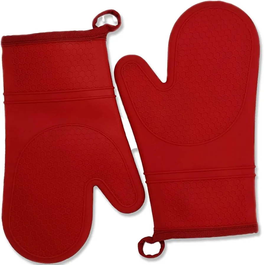 Oven Mitts Heat Resistant Silicone, Kitchen Gloves & Pot Holders, Cotton Lining, Non-Slip, Flexible, Durable, Easy Clean, Cooking, Baking, Grilling, Double Sided (Pair of 2 Oven Mitts) Red