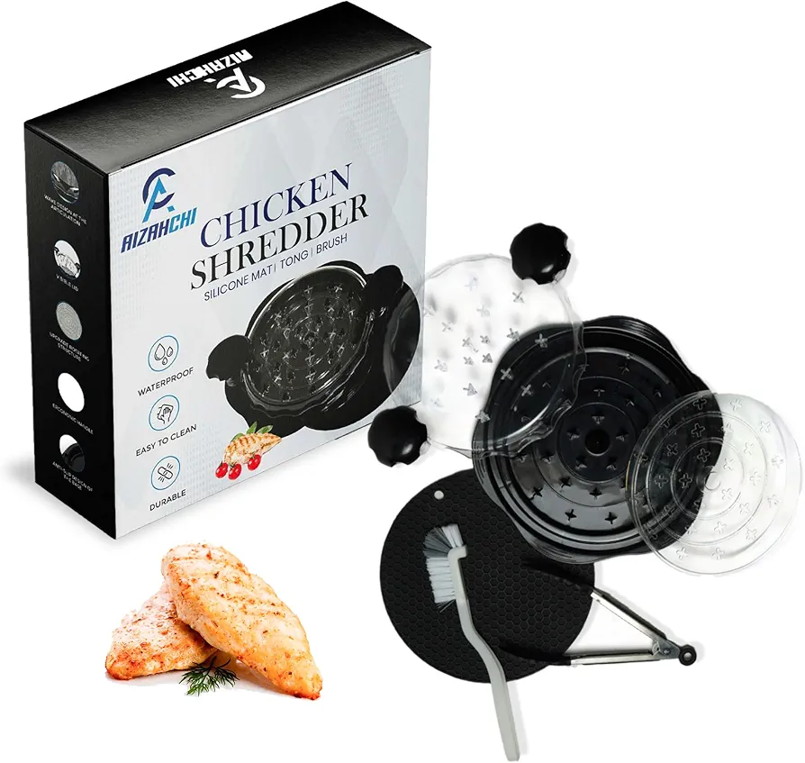 Chicken Shredder Tool Twist Large with Anti-slip Mat and Separate Plate | Meat Shredder Tool Twist with Brush and Tong | Chicken Breast Shredder with Ergonomic Handle | BPA Free (Black)
