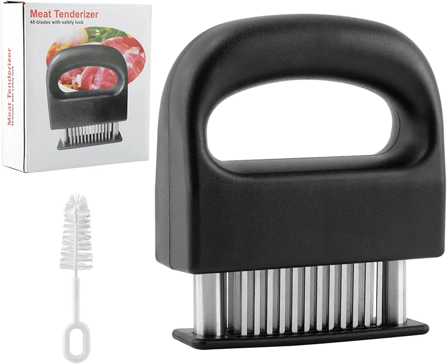 Meat Tenderizer with 48 Stainless Steel Ultra Sharp Needle Blades and Brush, Meat Poultry Tenderizer for Tenderizing Beef, Pork, Fish, Cooking Tool for Tenderizing, Marinade, BBQ(Black)