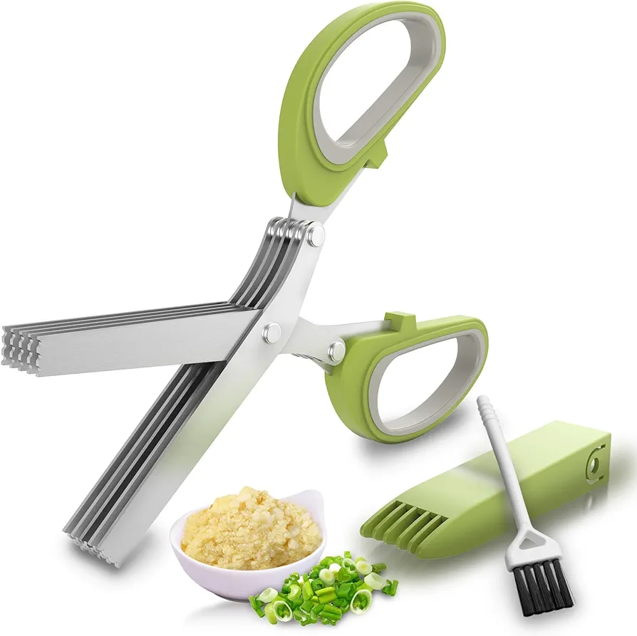 Herb Cutter,Heavy Duty Kitchen Scissors for Food,Upgraded Serrated Tip for Garlic Crushing,Herb Scissors with 5 Blades and Cover for Cutting Basil,Salad Chopper Garlic Presser (Green)