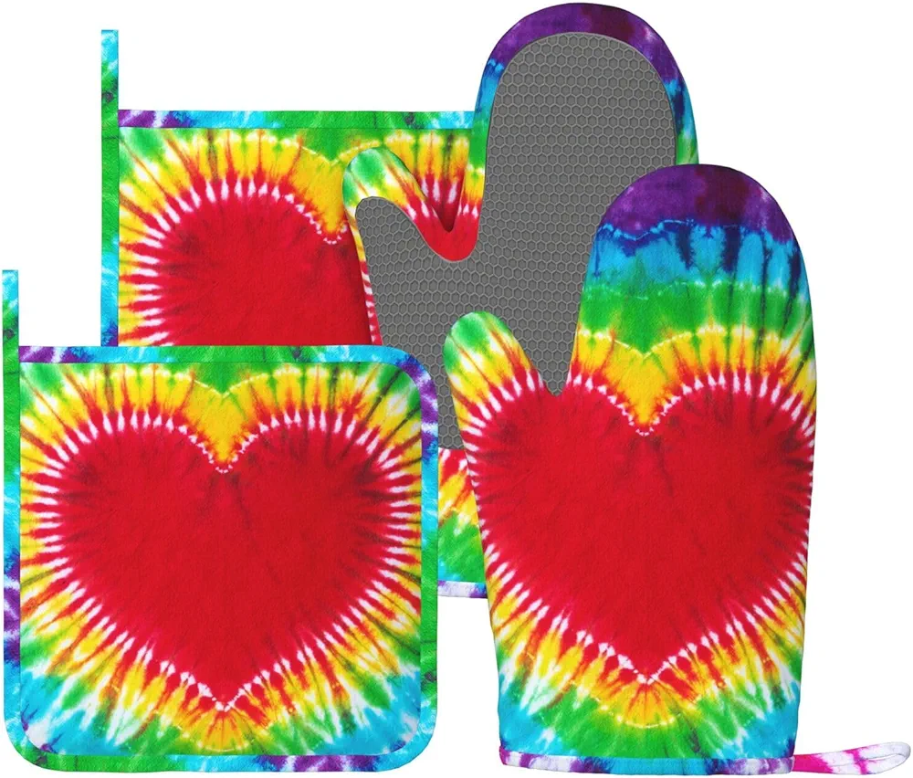 Cool Rainbow Tie Dye Retro Heart Oven Mitts and Pot Holders Sets, 4pcs Silicone Non-Slip Kitchen Mitts Potholders Heat Resistant BBQ Gloves Hot Pads for Cooking Grilling Baking Chef Gifts Decor