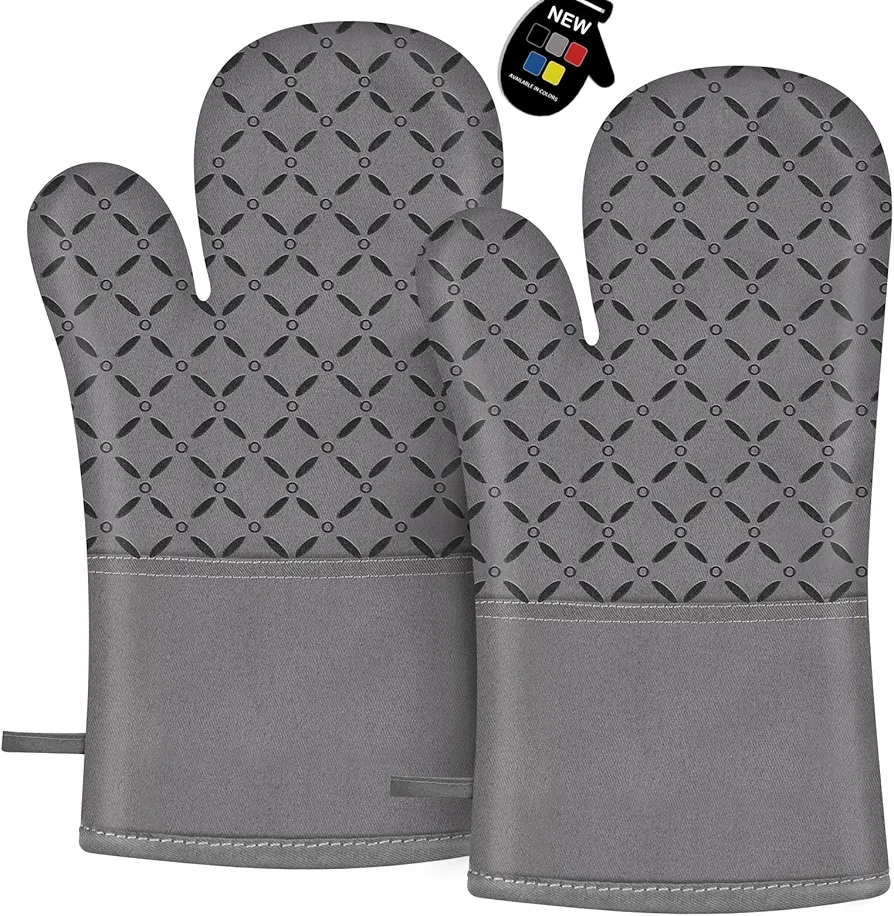 Oven Mitts, Oven Gloves Heat Resistant 500°F with Non-Slip Silicone Surface Pot Holders, Kitchen Mitt with Soft Cotton Lining for Baking, Cooking, BBQ, Grey, 1 Pair