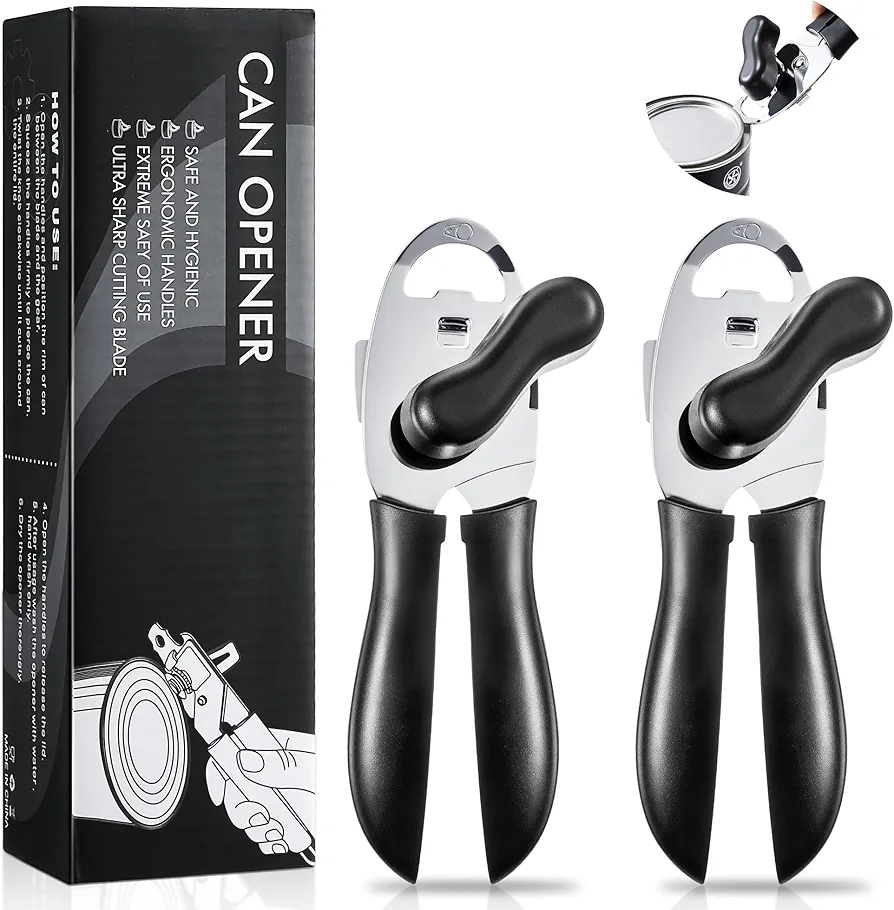 Enhon 2 Pcs Can Opener, Can Opener Manual with Multifunctional Bottles Opener, Stainless Steel Commercial Can Opener Heavy Duty, Hand Held Can Opener Smooth Edge for Drinks, Large Cans, Restaurant