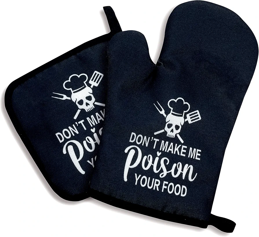 Don't Make Me Poison Your Food,Oven Mitts and Pot Holders Sets of 2，Funny Oven Mitt，Silicone Non-Slip Oven Mitts,Cute Housewarming Gift,Perfect for Kitchen,Cooking,Baking,Grilling