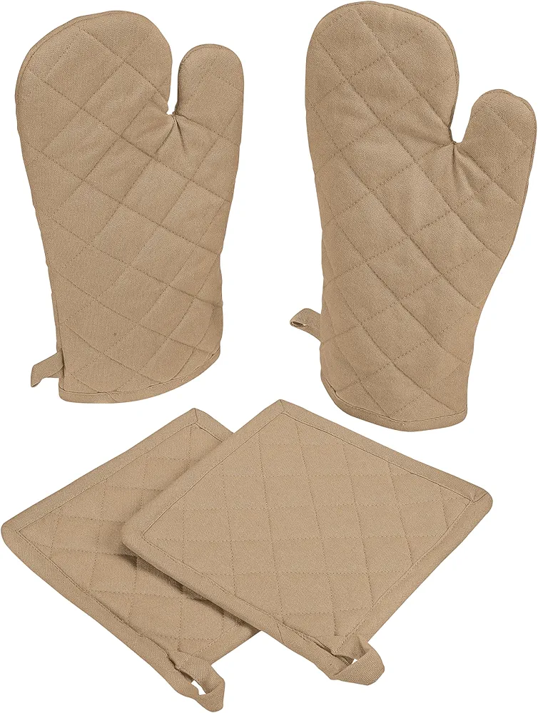 Native Fab Pot Holders and Oven Mitts Sets for Kitchen Heat Resistant- Hanging Non-Slip - 100% Cotton Oven Mitts and Pot Holders 4-Piece Set- Beige