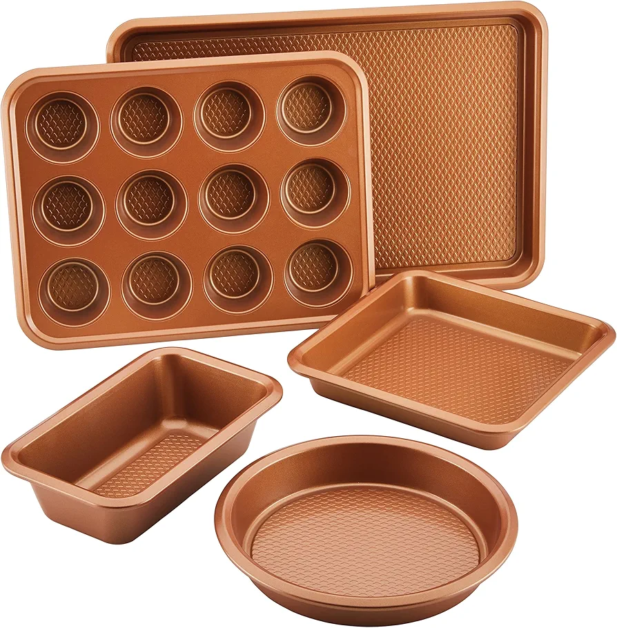 Ayesha Curry Kitchenware Nonstick Bakeware Set Includes Cookie Sheet, Loaf, Muffin Cake Pans, 5-Piece, Copper