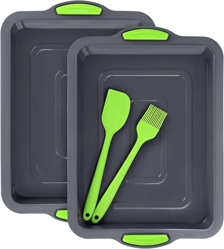 Silicone Baking Pan, 11x8 inch Nonstick Silicone Cake Molds, Set of 2 Heat Resistant Silicone Sheets for Baking Brownies, Cakes, Pie, Bread and Lasagnas (Grey+Green)