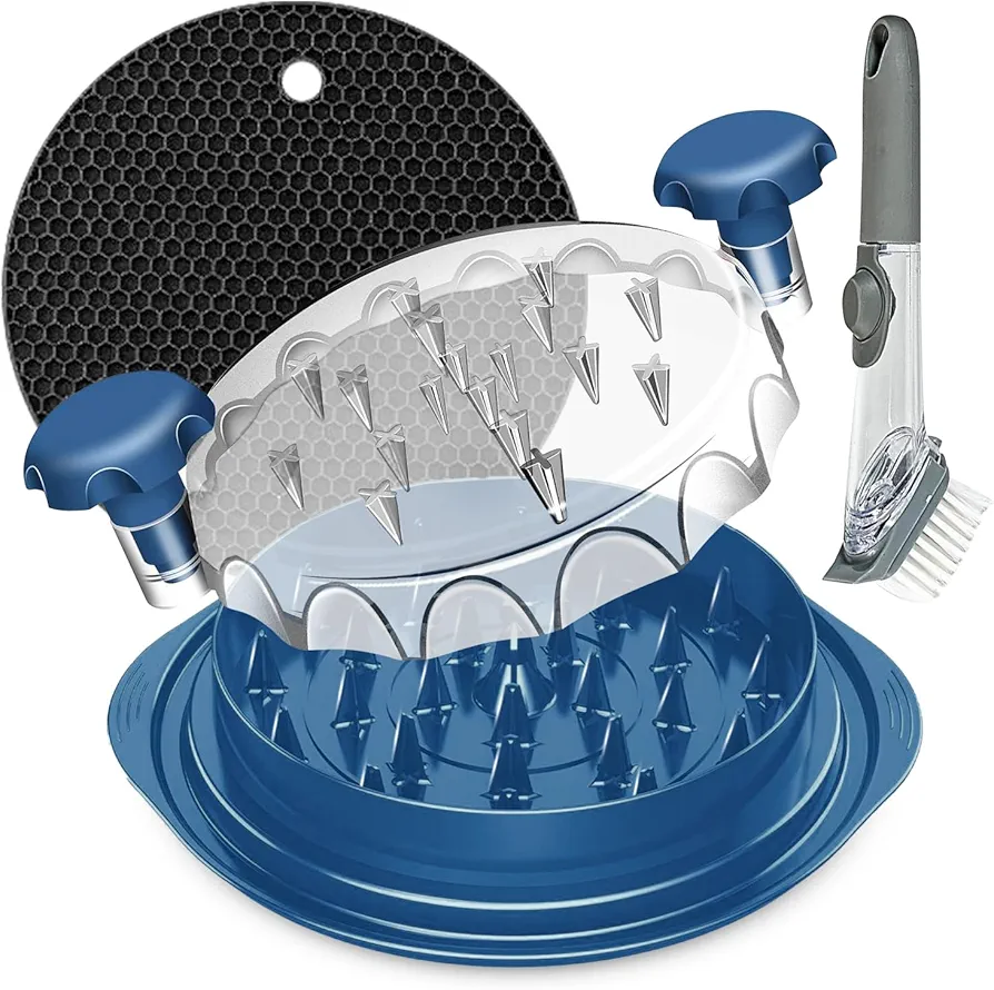Krafty 3 in 1 Chicken Shredder Tool Twist with Visible Lid, Large Meat Grinder for Breast Shred with Liquid Dispenser Brush & Silicone Mat, Ergonomic Handle, Anti-Slip Base, Dishwasher Safe Blue
