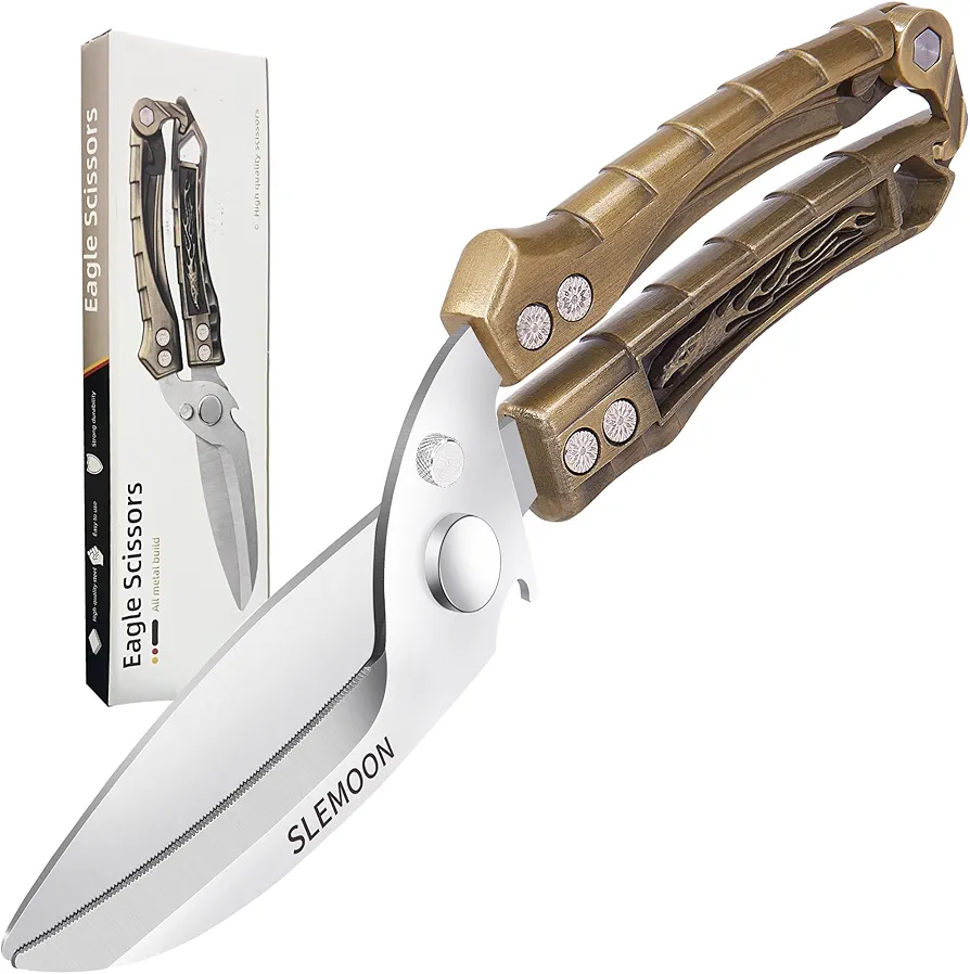 Kitchen Shears Heavy Duty Poultry Shears for Bone,Chicken,Turkey,Meat,Fish and Pizza Cutting Board Kitchen Scissors All Purpose for Food Ideal for Chef and Home Cooking,Dishwasher Safe Brass