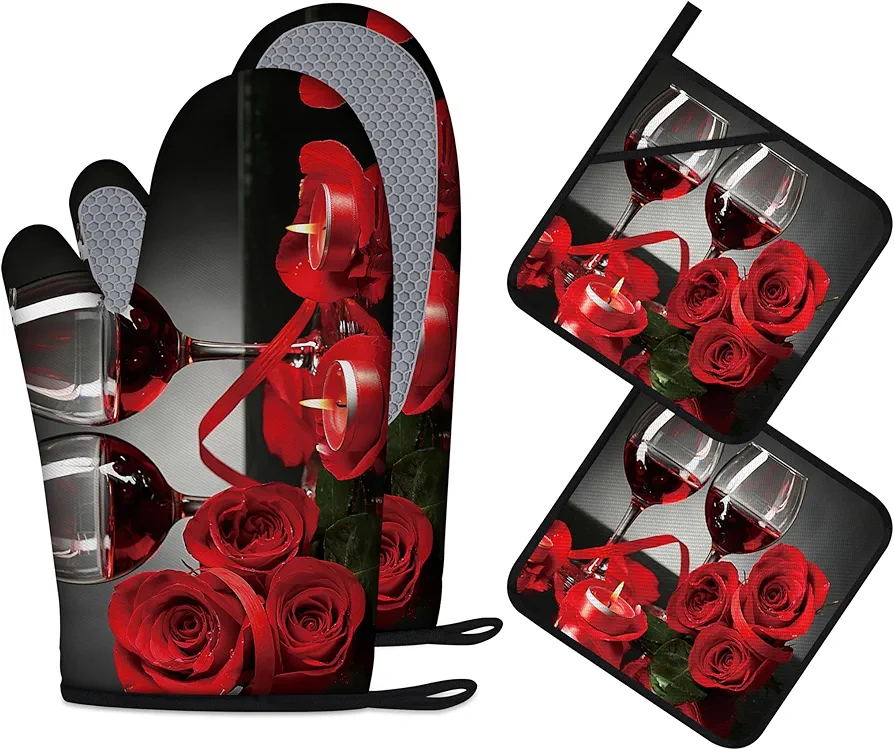 Red Wine Rose Candle Oven Mitts and Pot Holders Sets of 4 Silicone Oven Mitts Gloves Heat Resistant Non-Slip Grip Kitchen Mittens Potholders for Cooking Baking Grilling BBQ (Red)