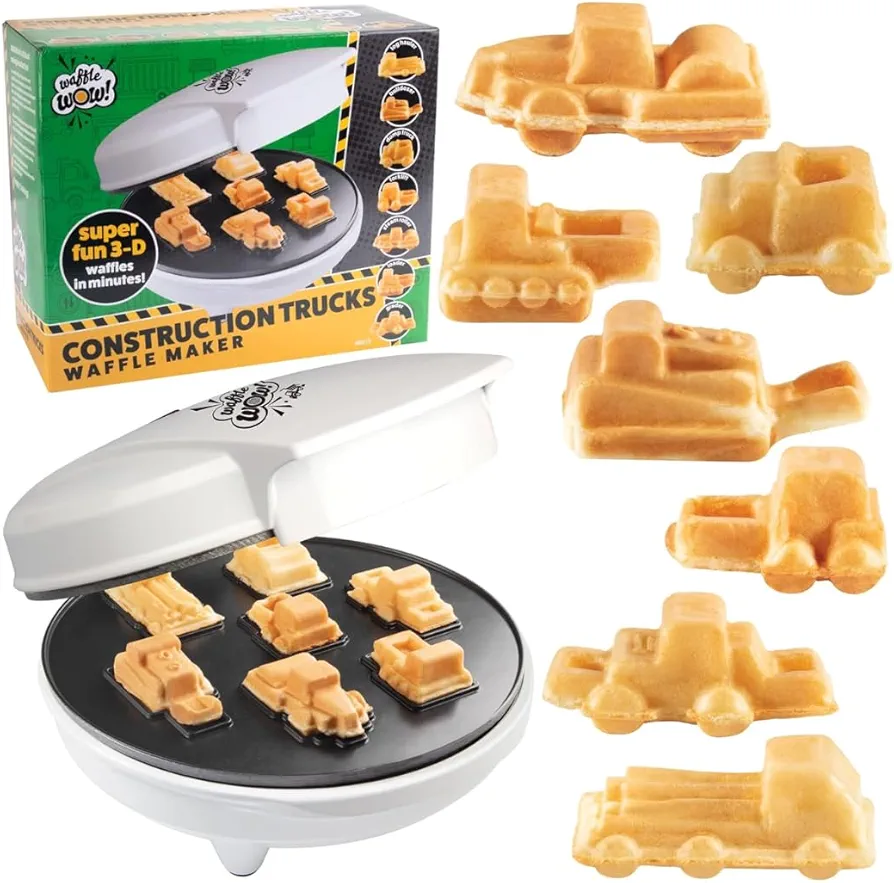 Construction Trucks Mini Waffle Maker- Make 7 Different Vehicle Shaped Pancakes Feat a Bulldozer Forklift & More- Electric Nonstick Pan Cake Car Waffler Iron w Recipe Guide, Fun Kids Treat, Xmas Gift