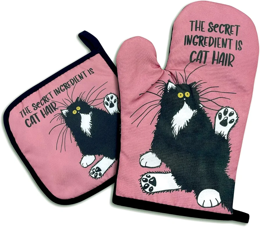 The Secret Ingredient is Cat Hair,Funny Oven Mitts and Pot Holders,Silicone Non-Slip Oven Mitts,Cat Oven Mitts,Cat Lover Gift,Cat Mom Gifts,Cooking Baking BBQ Gifts