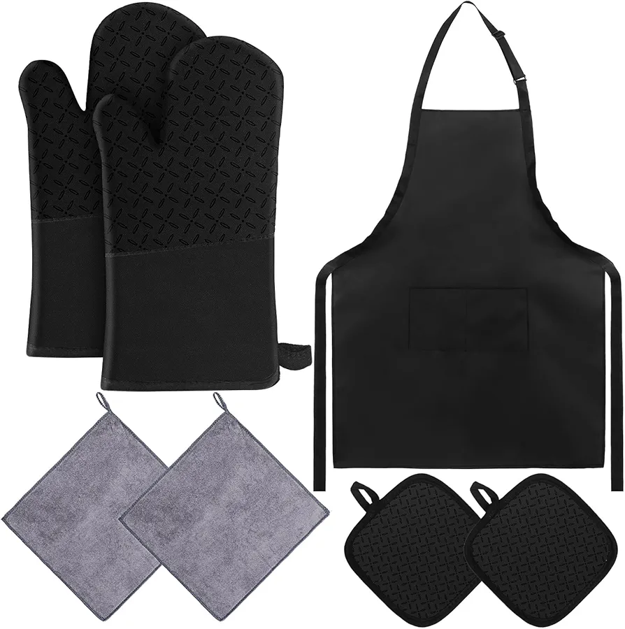 Coume 7 Pcs Oven Mitts & Pot Holders Set, High Heat Resistant Kitchen Oven Gloves (Up to 500°F), Black Oven Mitts & Pot Holders with Apron & Kitchen Towels - Ideal for Baking, Cooking & Home Oven Use