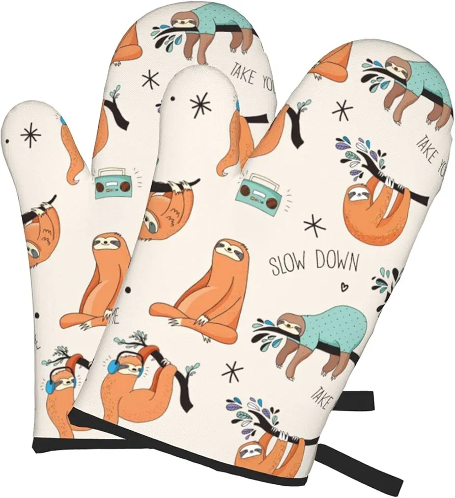 Sloth Listening to Music Oven Mitts, Heat Resistant Non-Slip Waterproof with Soft Cotton Lining Gloves for Kitchen Cooking Baking BBQ(2pcs)
