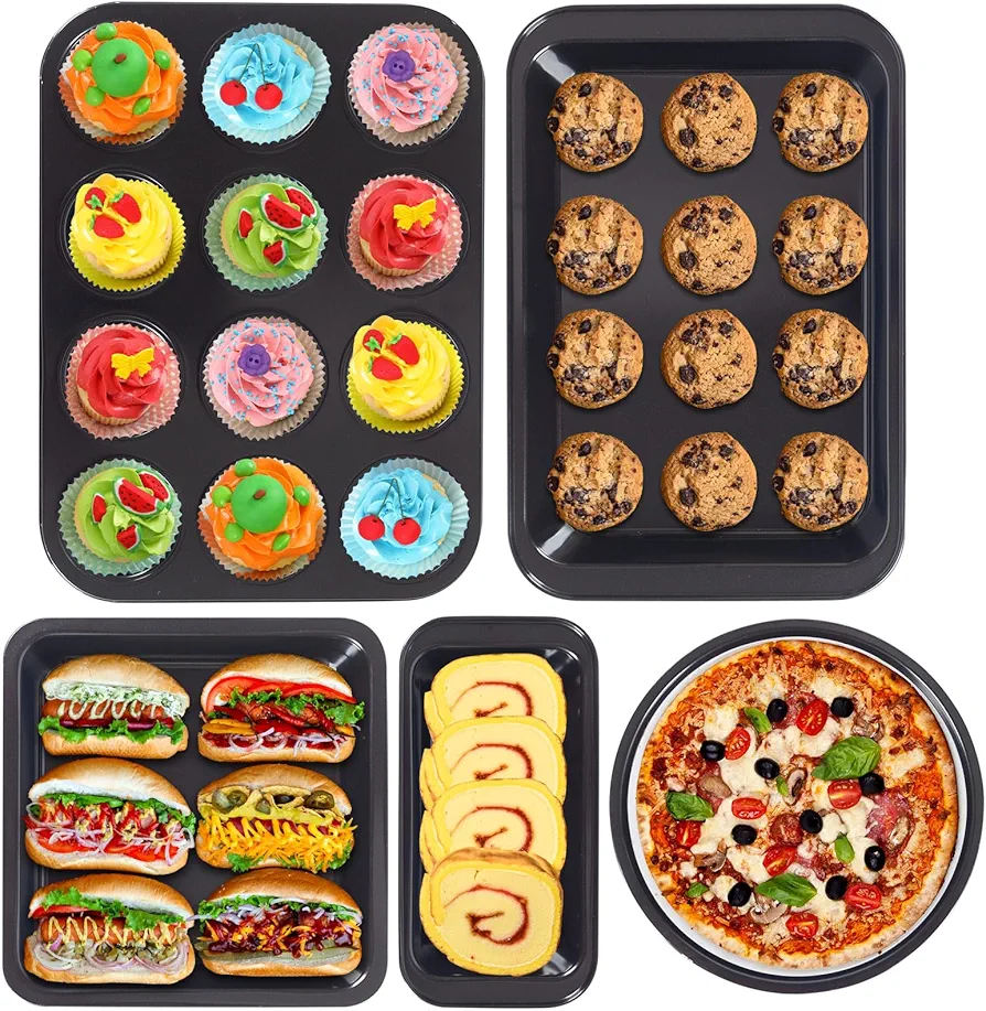 ShellKingdom 5PCS Baking Pans Set, Bakeware Set, Nonstick Cake Pan, Muffin Pan, Loaf Pan, Roast Pan, Baking Sheets for Oven Kitchen Cookware Sets Baking Supplies (Black)