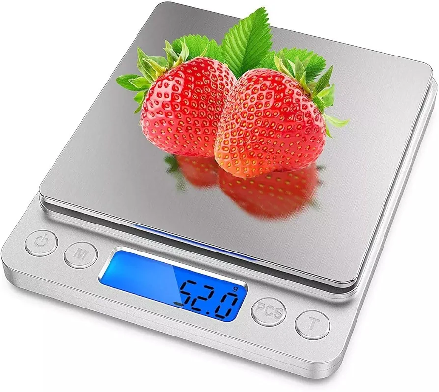 Small Digital Food Scale – 3000g x 0.1g High Precision Kitchen Scale for Ounce (OZ) & Gram, Ideal for Baking, Soap Making, Jewelry, Includes 2 Trays, Batteries, 9 Units, Tare Function, Compact