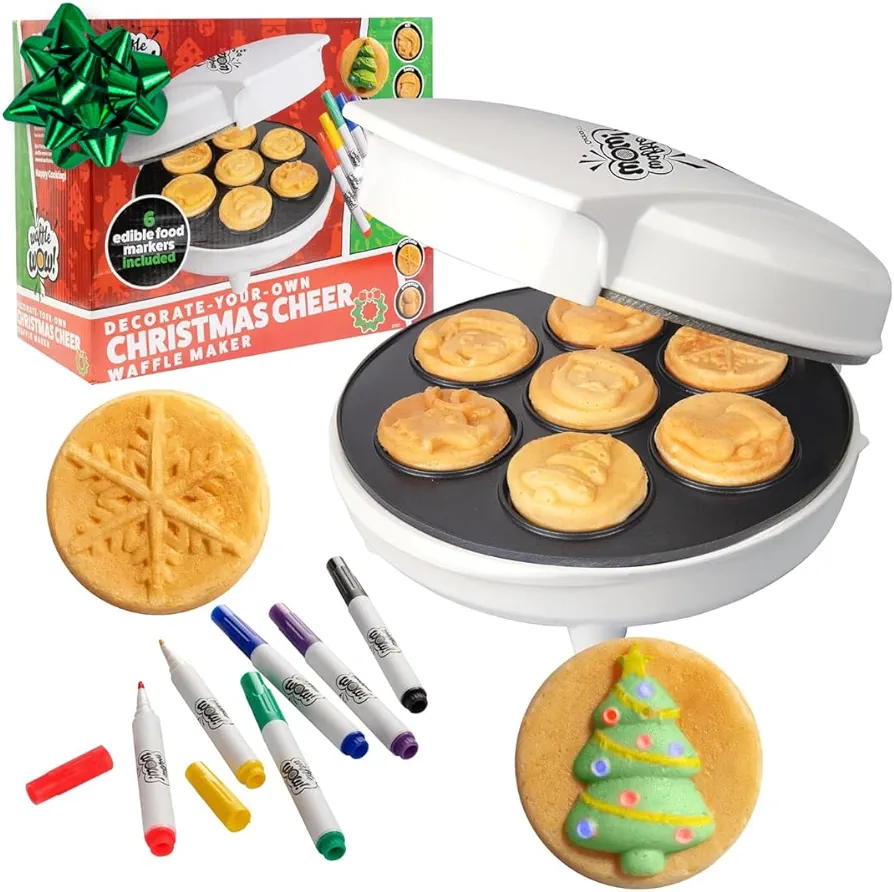 Waffle Wow! Xmas Holiday Waffle Maker w 6 Edible Food Markers- Make X-Mas Breakfast Fun w Delicious Decorated Pancakes or Waffles- Electric Nonstick Waffler Iron, Fun Gift for Kids & Adults