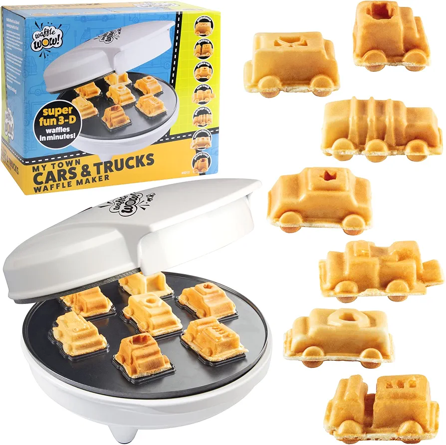Cars & Trucks Mini Waffle Maker - Make 7 Fun Different Vehicles- Police Car Firetruck Construction Truck & More Automobile Shaped Pancakes- Electric Nonstick Iron w Free Recipe Guide, Fun Kids Gift