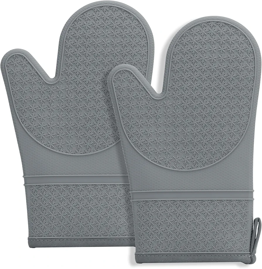 Hovico Silicone Oven Mitts, Oven Gloves with Non-Slip Waterproof - 2PCS Grey Oven Mittens Heat Resistant 600 Degree, Soft Lining Silicone Oven Mits for Cooking Baking Kitchen Mitten