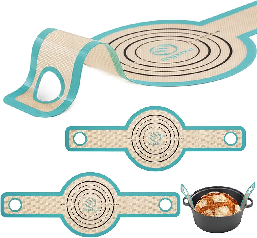 Silicone Bread Sling Dutch Oven - Best Japan Silicone. Non-Stick & Easy Clean Reusable Silicone Bread Baking Mat. With Extra Long Handles Bread Baking Sheet Liner 2 pcs (Aqua Sky)