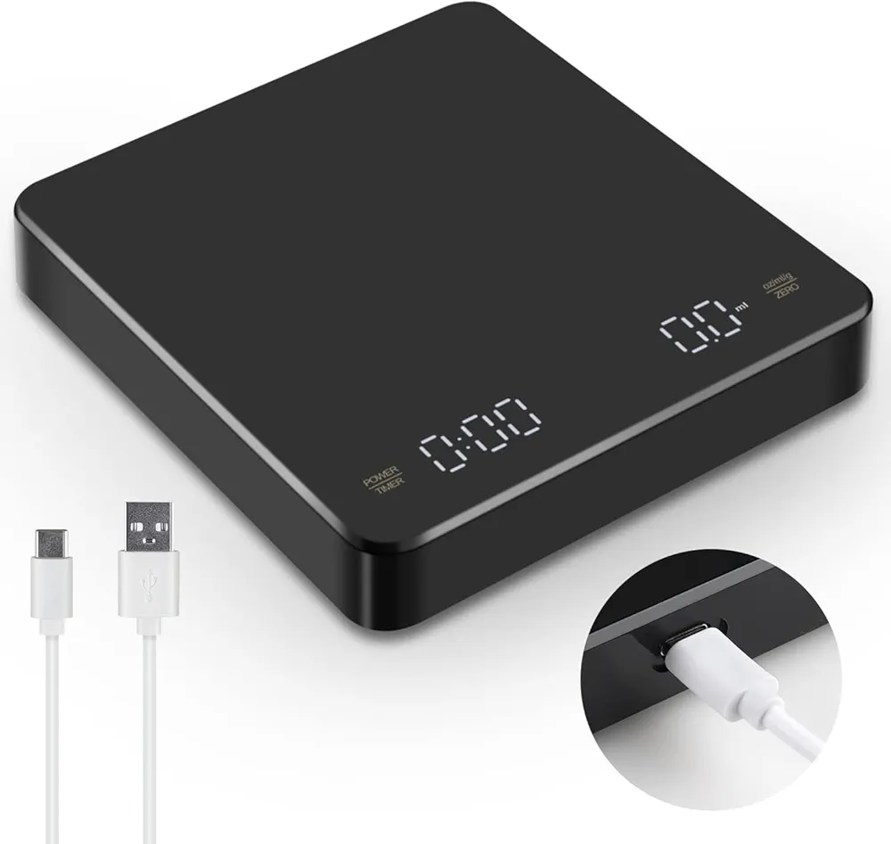 Recharge Digital Coffee Scale with Timer, High Precision Type-C Pour Over and Drip Coffee Scale, 5kg/0.1g Espresso Scale with Tare Function, 3 Units g/oz/ml, LED Display