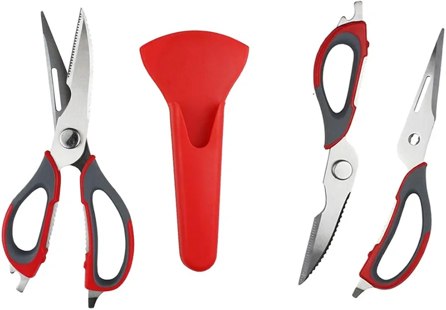 Multifunction Kitchen Food Scissors, Detachable Stainless Steel Heavy Duty Culinary Scissors, 7-in-1 Household Shears with Magnetic Holder, for Cut Poultry Meat Bone Vegetables Fruit Seafood (red)