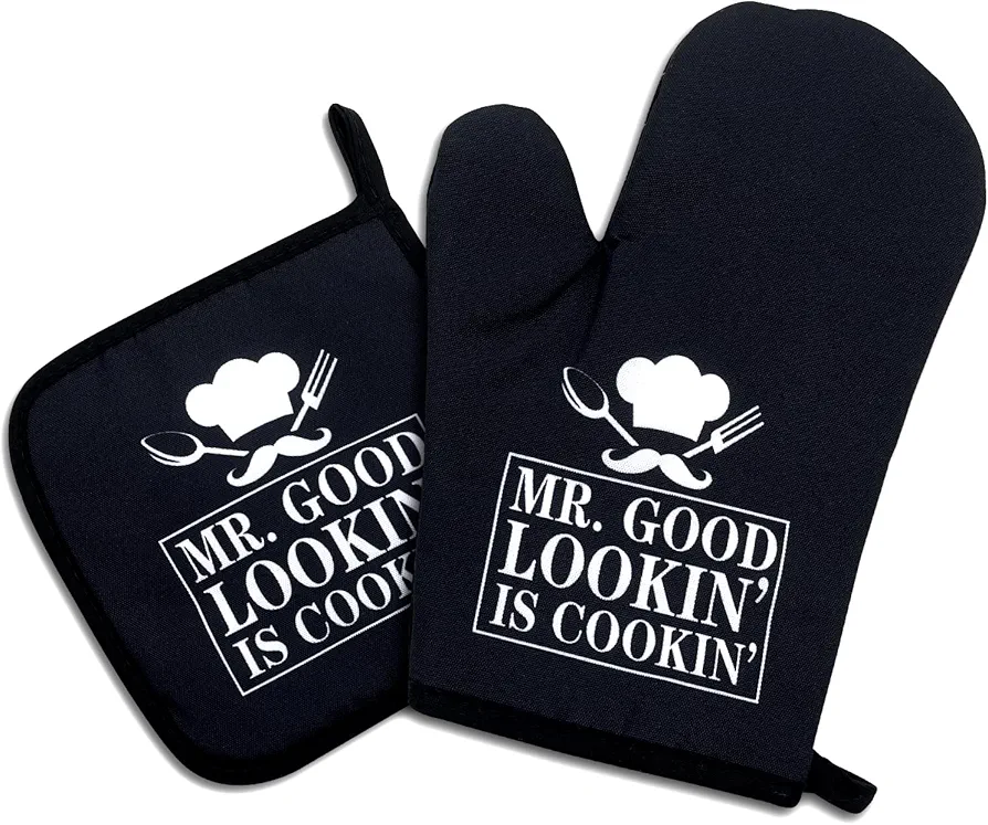 Mr.Good Looking is Cooking,Funny Oven Mitts and Pot Holders Sets of 2,Silicone Non-Slip Oven Mitts,Kitchen Gift for Men,Cooking Baking BBQ Gifts,Housewarming Gifts