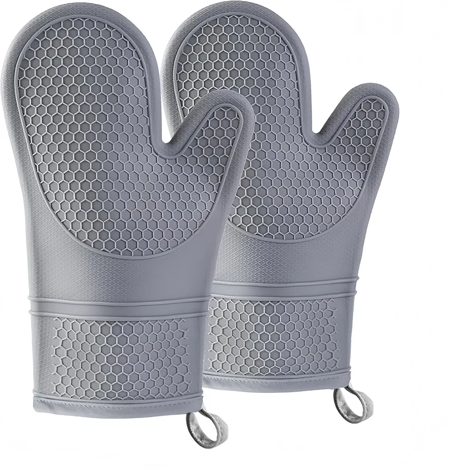 Silicone Extra Long Oven Mitts, Heat and Slip Resistant Gloves, Soft Cotton Lining, Thick Pot Holder Gloves, Flexible Extra Long Gloves for Cooking and BBQ, Pack of 2.