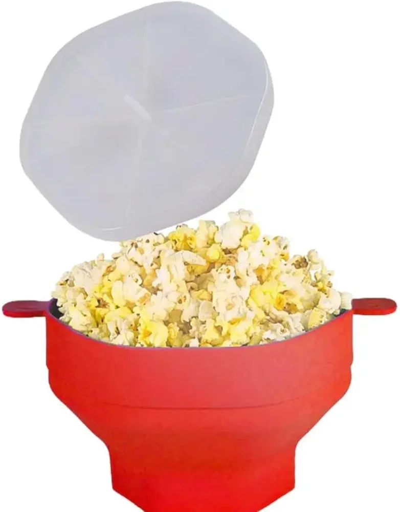 Microwave Popcorn Popper, Family Size Silicone Popcorn Maker - Hot Air Popper - Popcorn Bowl With Lid - Collapsible BPA Free Silicone Popcorn Popper For Microwave Oven (Red)