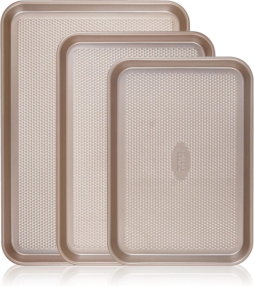 Baker's Secret Baking Sheet Pan Set, 3x Cookie Sheets for Oven, Diamond Texture Premium Air Flow Circulation, Set of 3 Baking Trays, Extra Thick 0.6mm with Diamond Base (Champagne Gold)